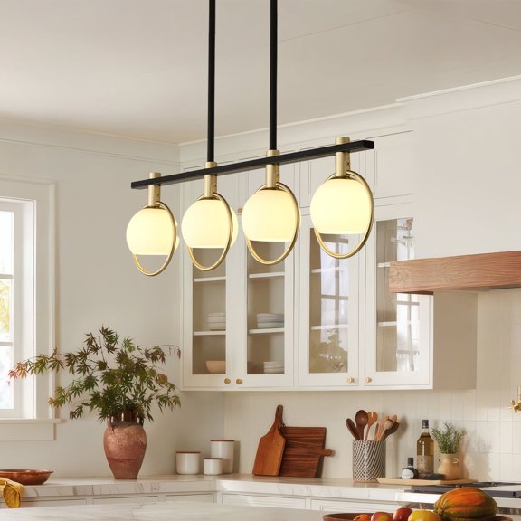 Modern Black and Gold Chandelier - Adjustable 4-Light Rectangular Pendant with Milk Glass Shades