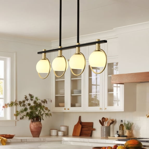 Modern Black and Gold Chandelier - Adjustable 4-Light Rectangular Pendant with Milk Glass Shades