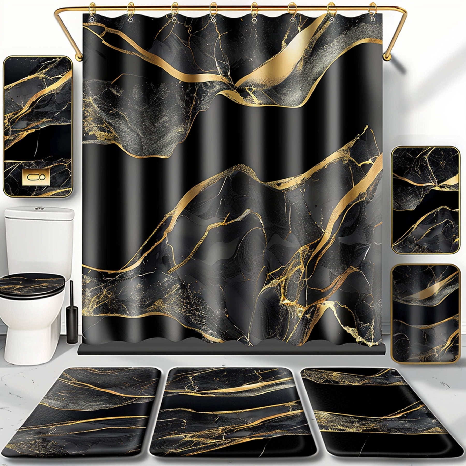 Modern Black and Gold Marble Bathroom Set with Shower Curtain Floor ...