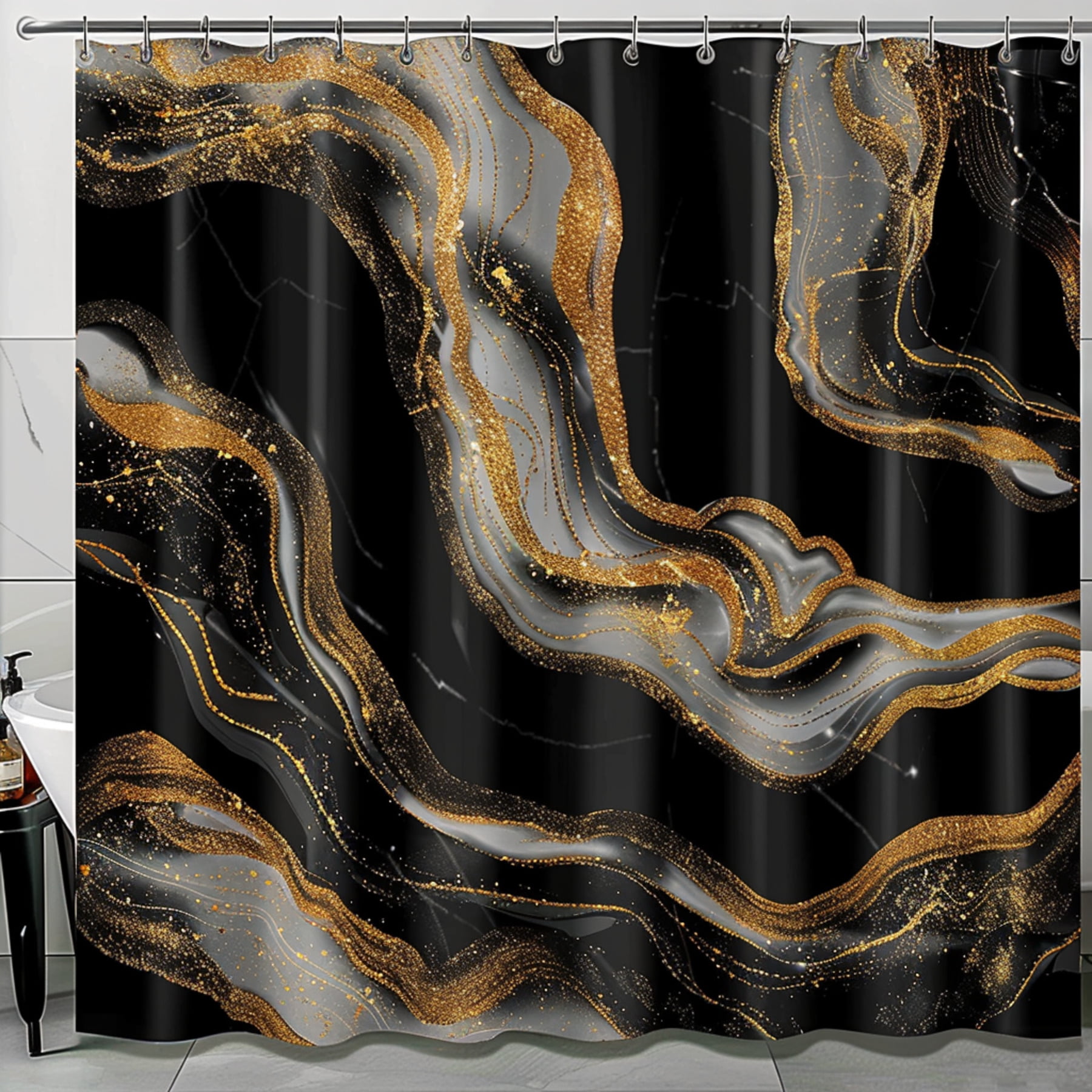 Modern Black and Gold Marble Shower Curtain with Silver Glitter Accents Abstract Bathroom Decor