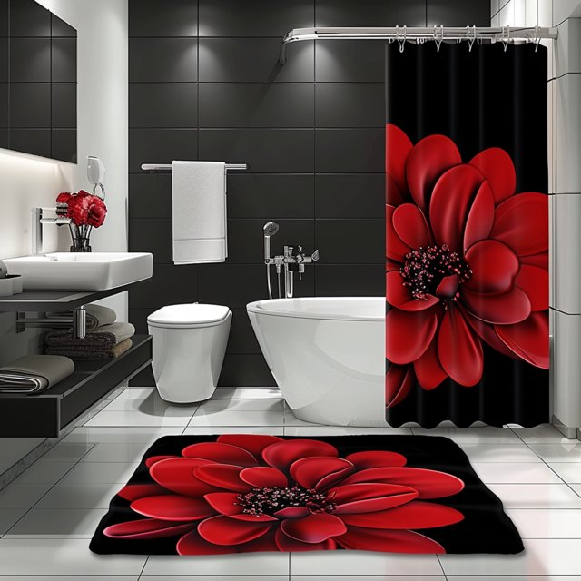 Modern Black and Red Flower Bathroom Set Curtain Sink Stylish Décor for Your Bath Space