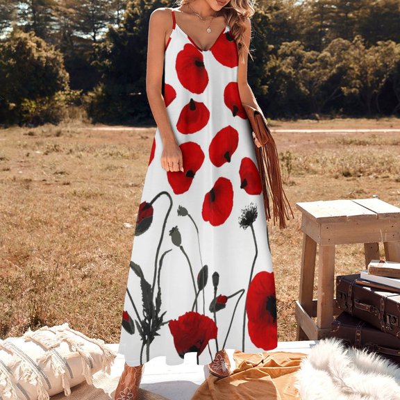 Modern Black and Red Flowers and Petals Sleeveless Dress summer dresses for women Woman clothing Summer skirt