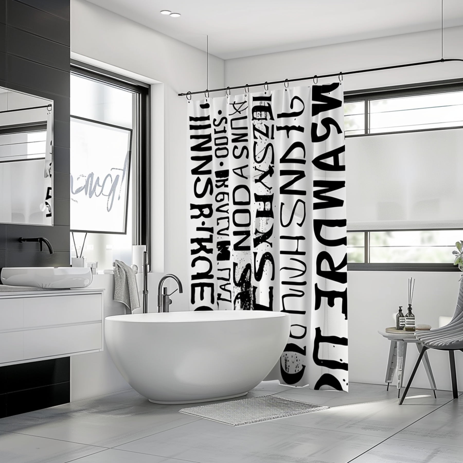 Modern Black and White Bathroom Set with Graffiti Style and Curtain ...