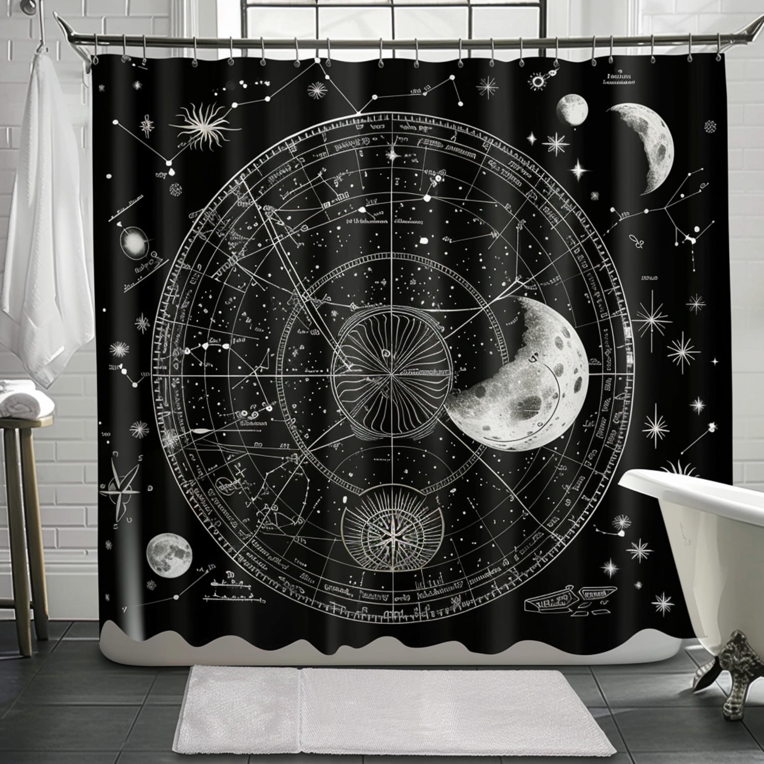 Modern Black and White Celestial Zodiac Map Shower Curtain High