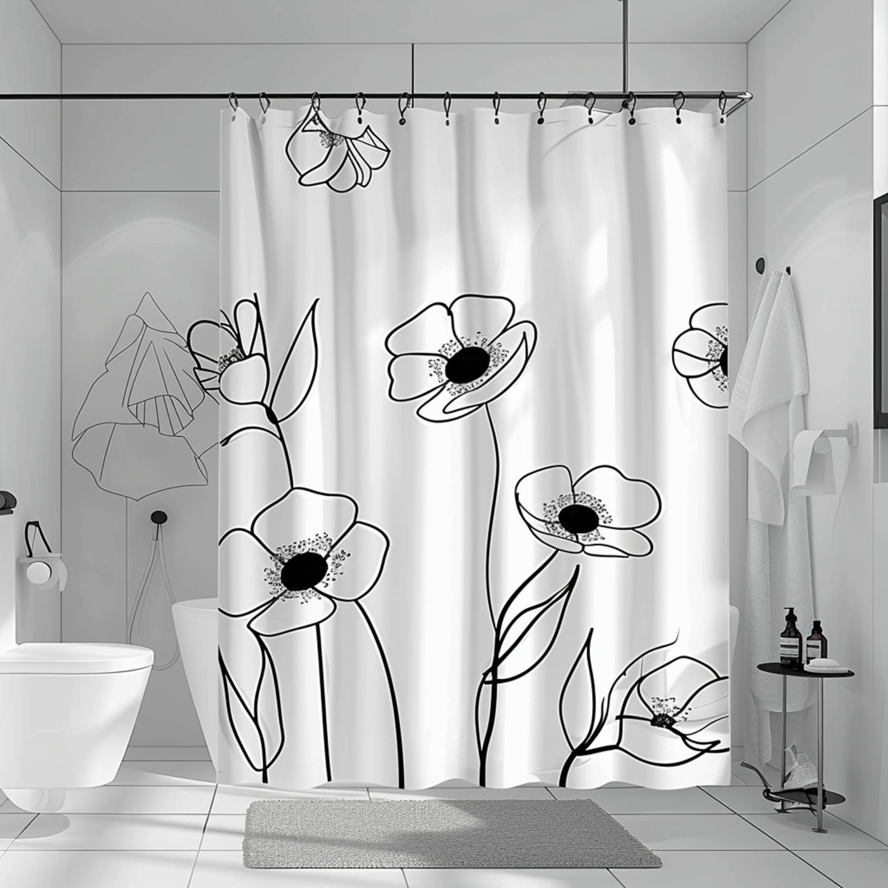 Modern Black and White Floral Shower Curtain for Minimalist Bathroom