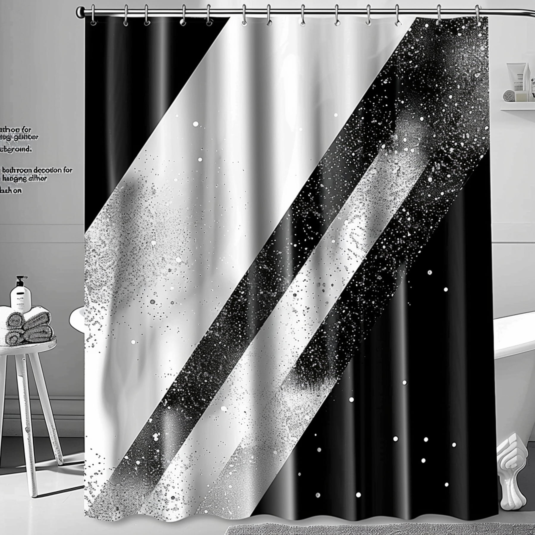 Modern Black and White Geometric Shower Curtain with Silver Glitter
