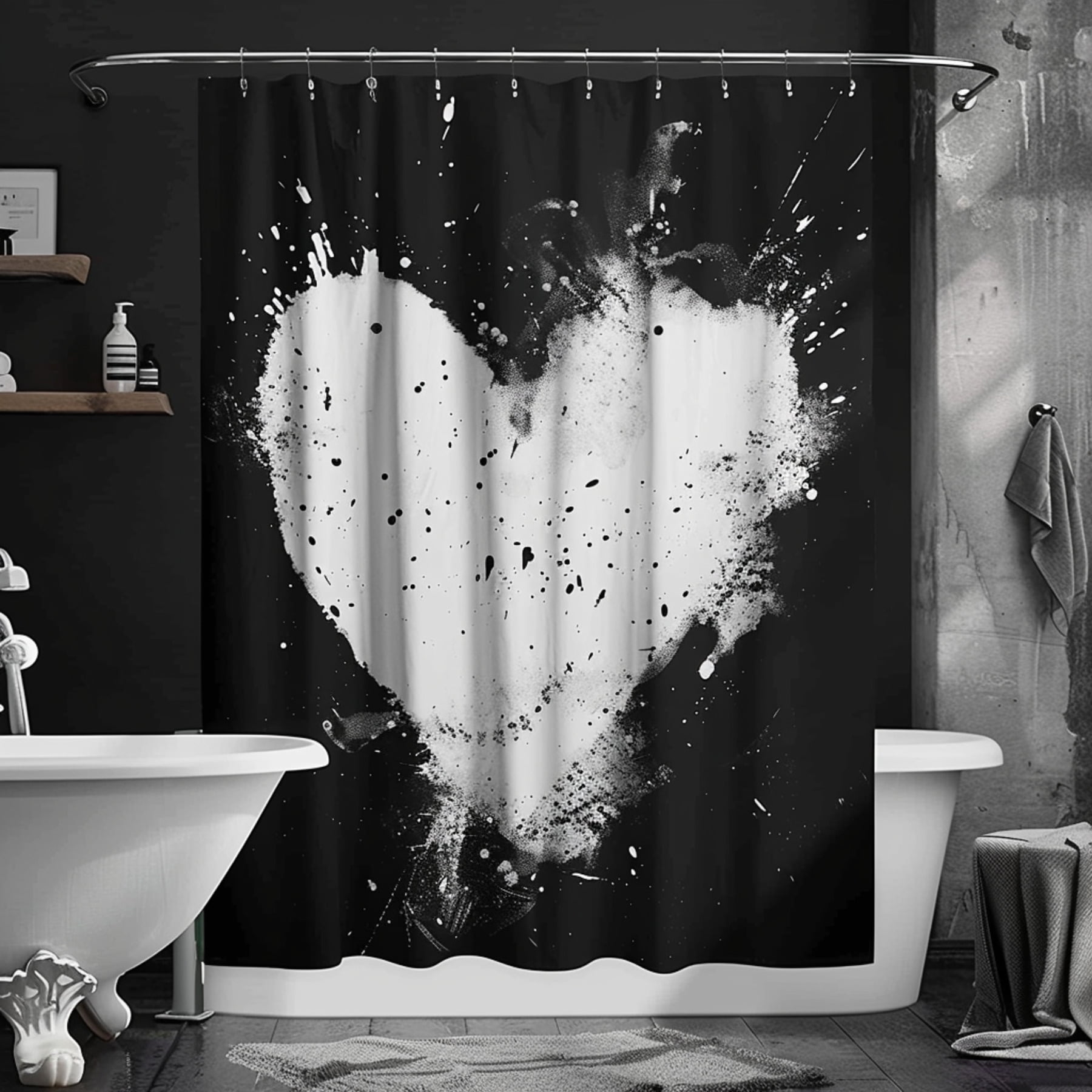 Modern Black and White Heart Watercolor Splatter Shower Curtain Stylish