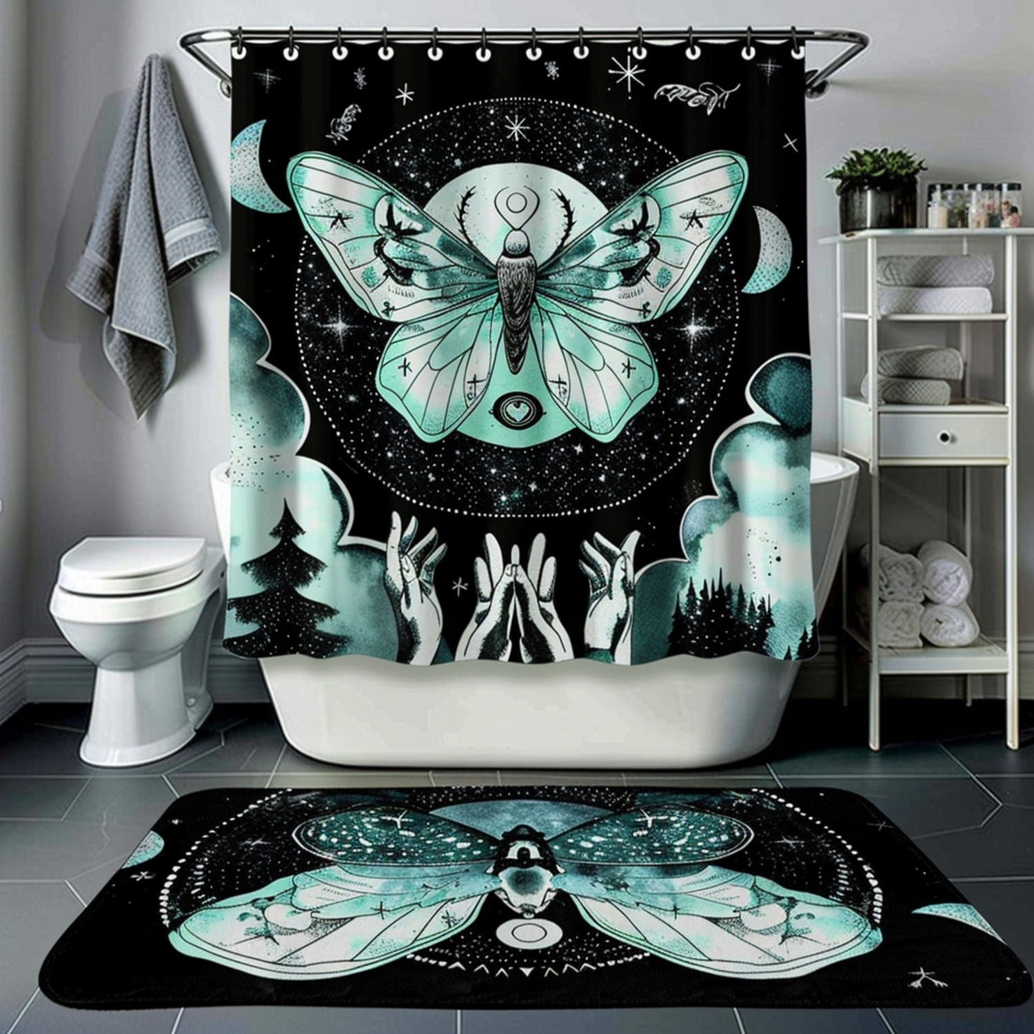 Modern Black and White Luna Moth Bathroom Set with Teal Accents Witchy Elements Dark Background ...