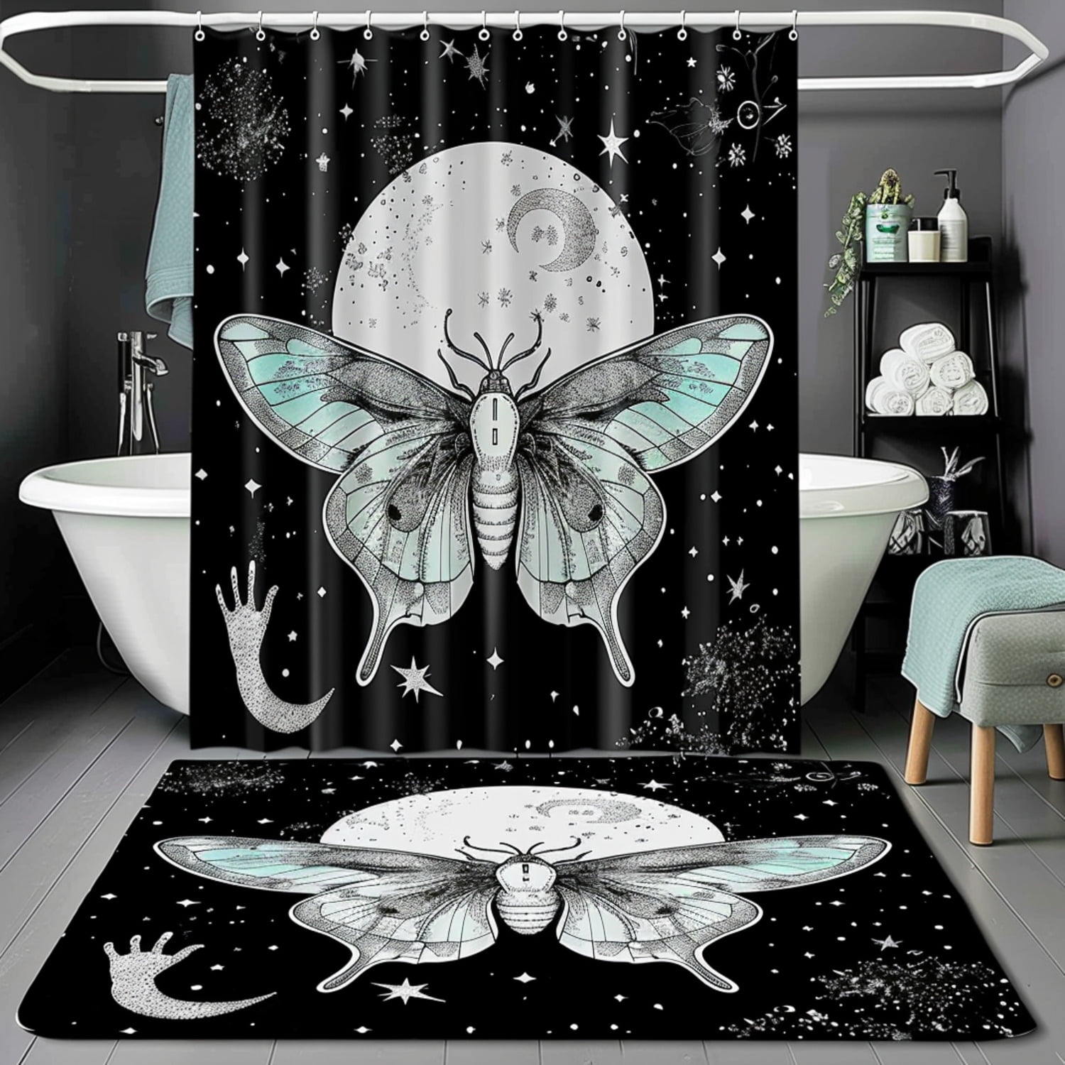 Modern Black and White Luna Moth Bathroom Set with Witchy Accents and Teal Details Contemporary ...