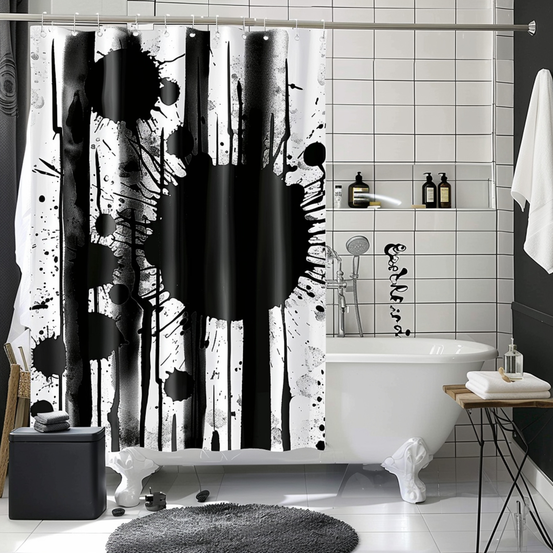 Modern Black and White Striped Bathroom Set with Abstract Ink Splatter
