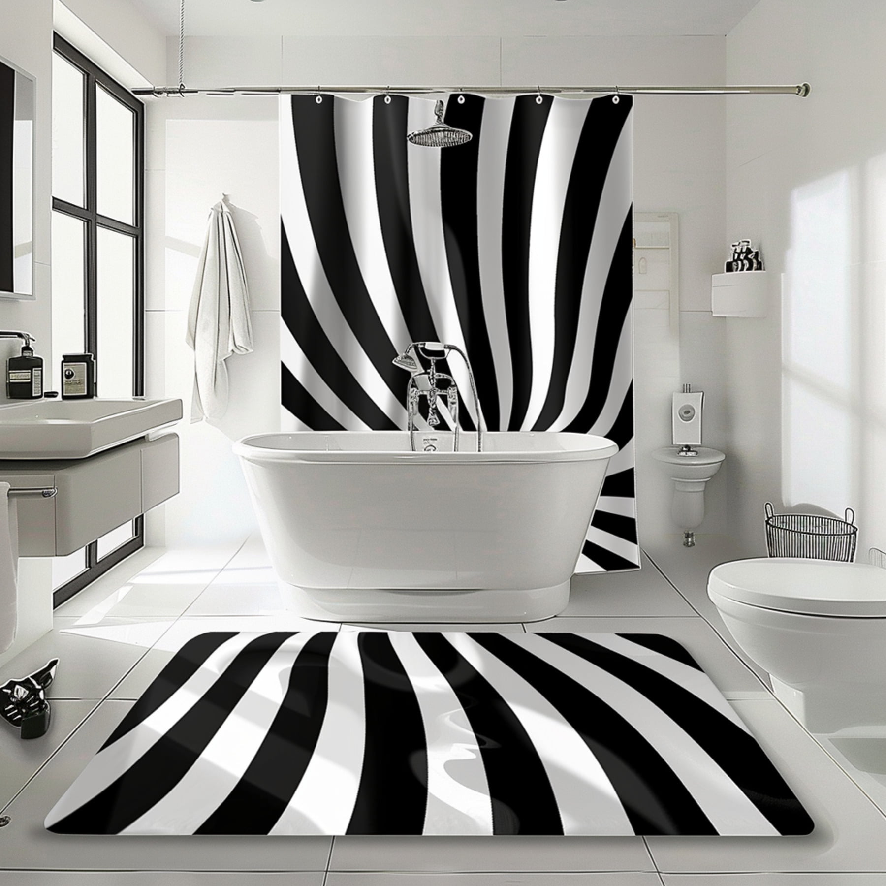Modern Black and White Striped Bathroom Set with Optical