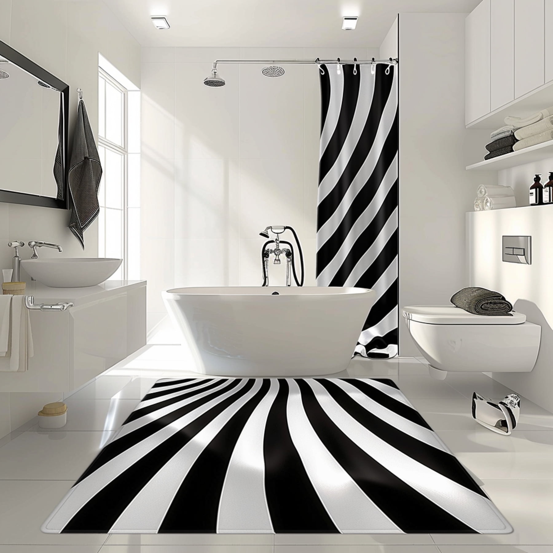 Modern Black and White Striped Bathroom Set with Optical