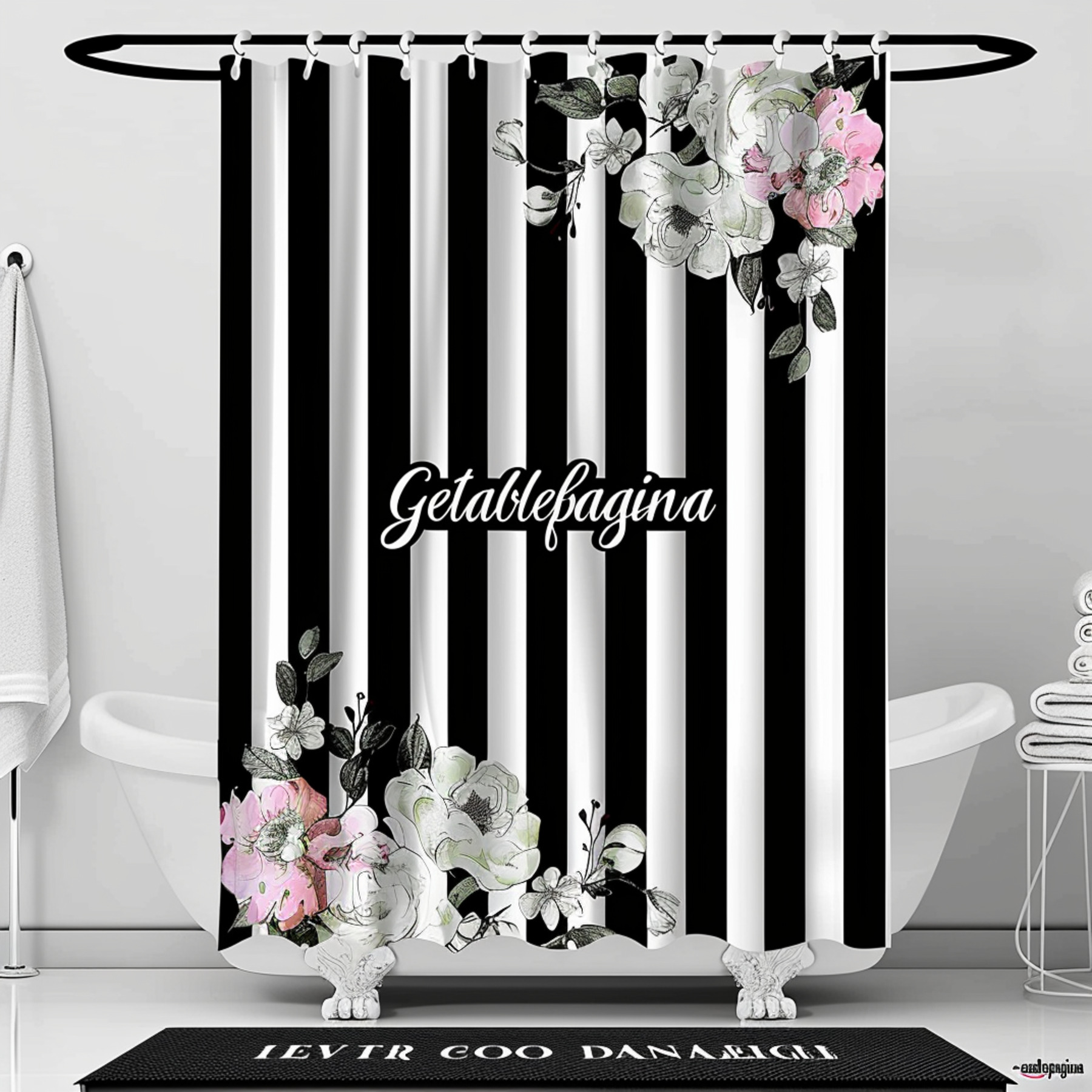 Modern Black and White Striped Floral Shower Curtain with Border Design