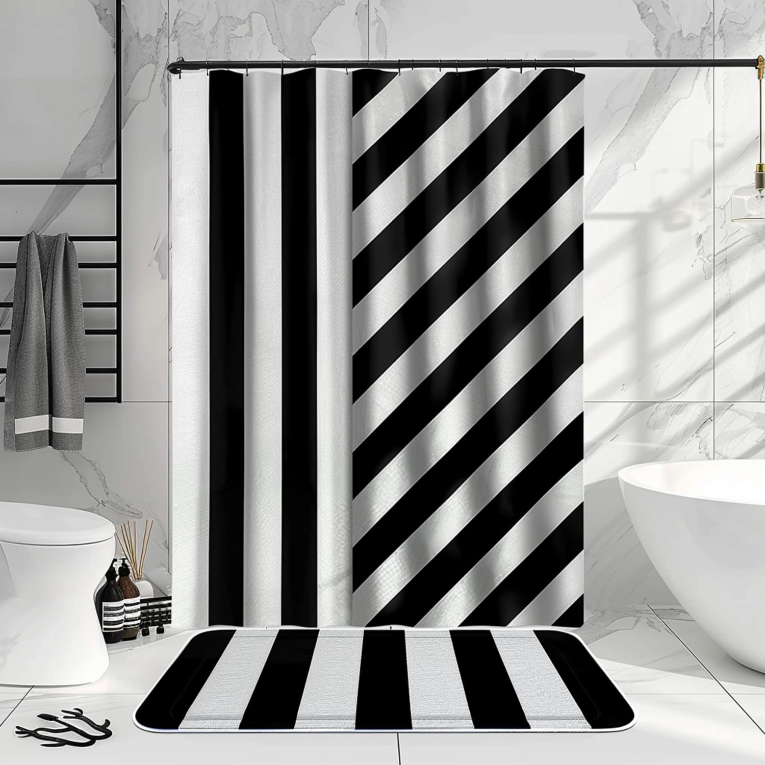 Modern Black and White Stripes Bathroom Set Shower Curtain and with