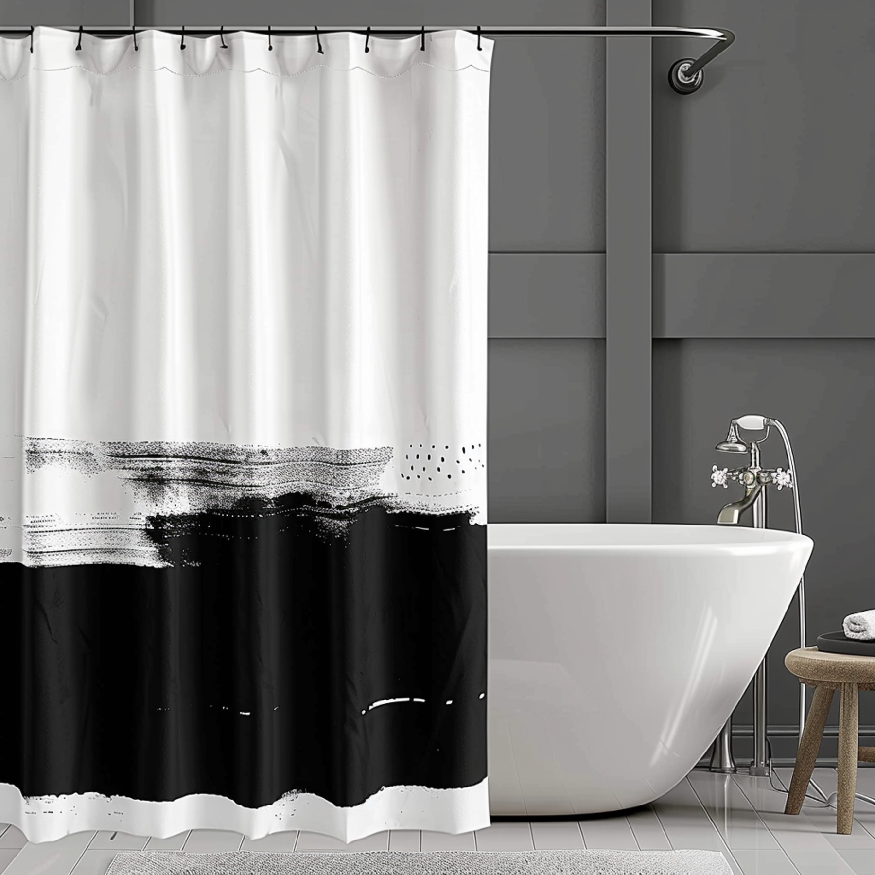 Modern Black and White Watercolor Style Bathroom Curtain Linen Cotton ...