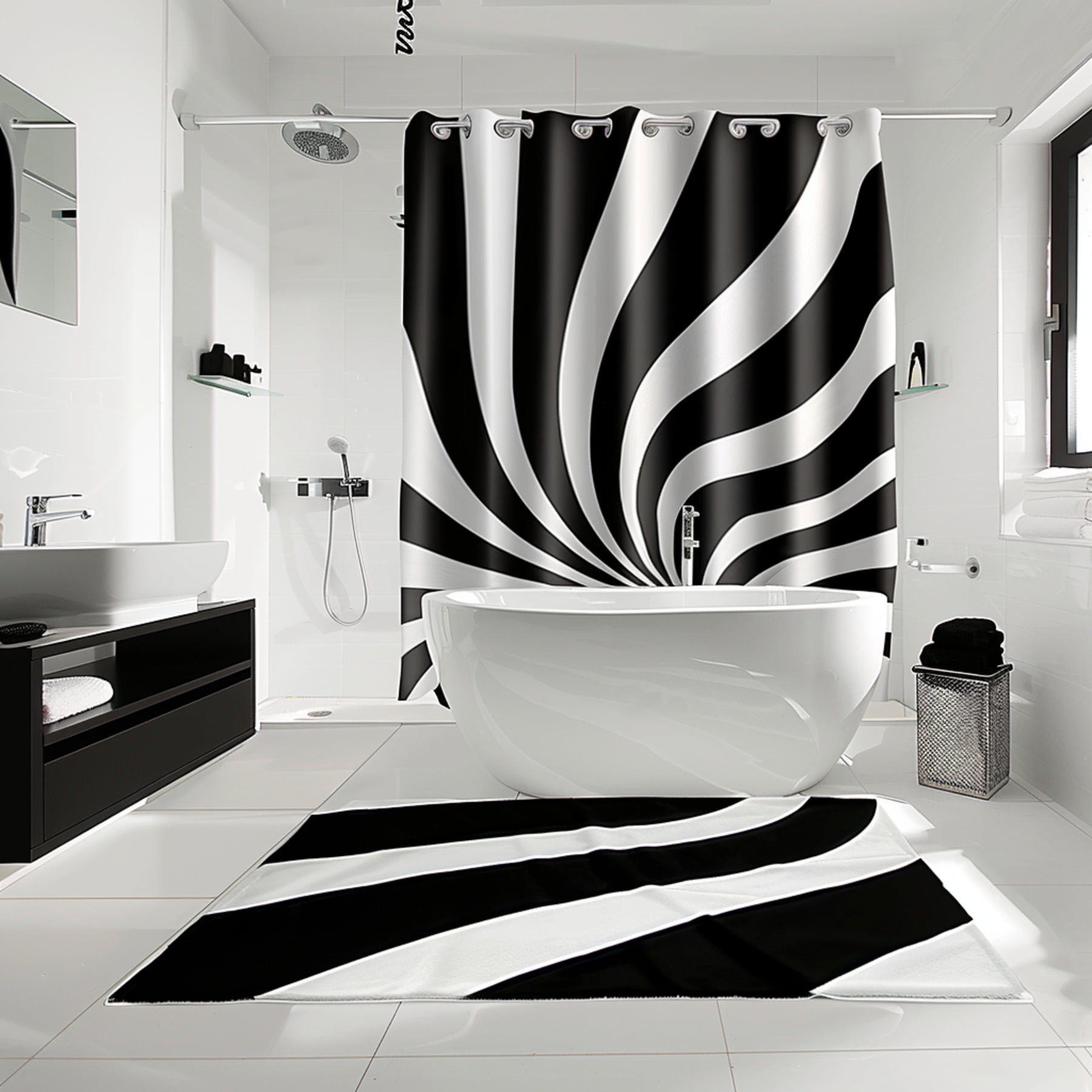Modern Black and White Zebra Bathroom Set with Optical Illusion