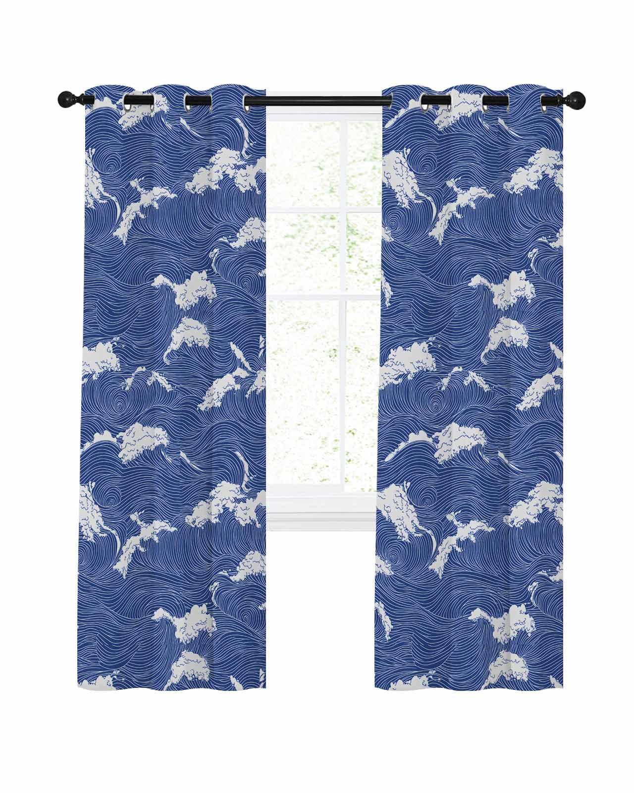 Modern Blackout Curtains for Bedroom Living Room, Ocean Blue Wavy Lines 39 In Long Thermal Insulated Room Darkening Drapes Grommet Window Treatments, 27.5 x 39 In