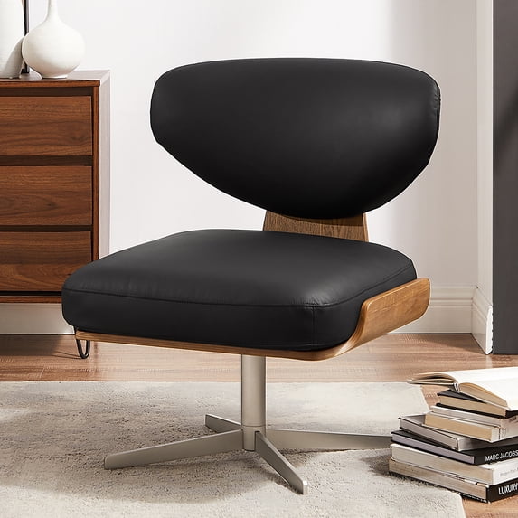 Modern Blak Leather Accent Swivel Lounge Chair