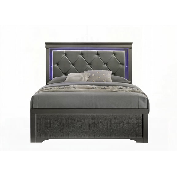 Modern Blaze Twin Bed in Metallic Gray, Upholstered with LED Headboard & Wood