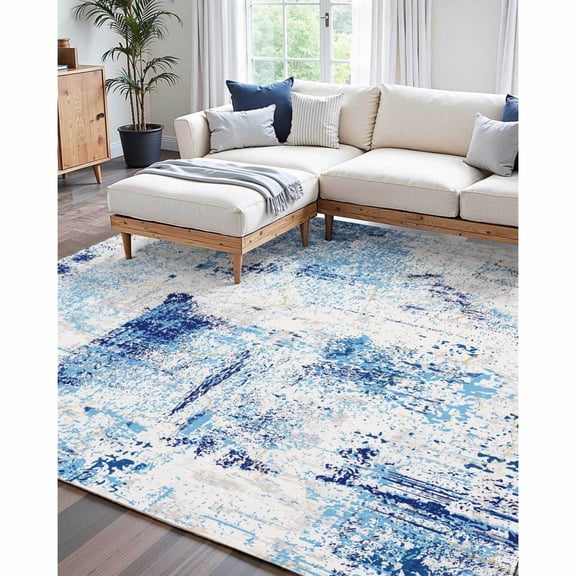 Modern Blue 5 X 7 Ft Rectangular Large Area Rug Anti Skid Tear Resistant Polyester Machine Washable For Living Room Bedroom