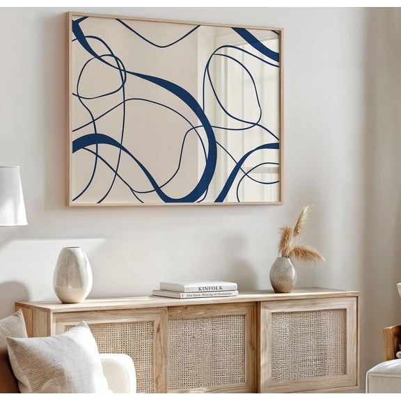 Modern Blue Abstract Line Art Horizontal Landscape Decor, Unframed Paper Poster 8x10in