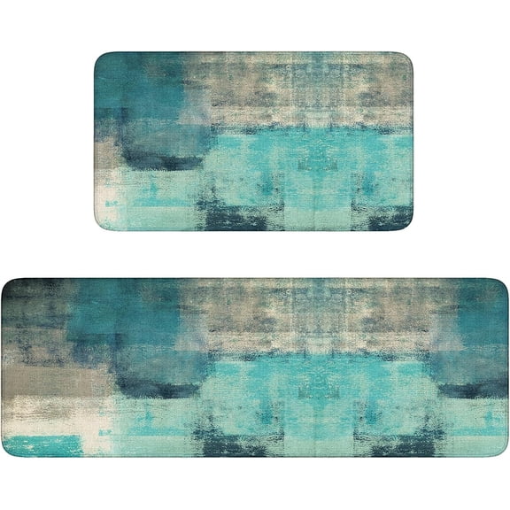 Modern Blue Art Kitchen Rugs 2 Piece Set Non Skid, Washable Turquoise and Grey Art Painting Rugs for Kitchen Floor, Oil Painting Art Kitchen Mats and Rugs for Brightens Indoor,Hallway,Laundry