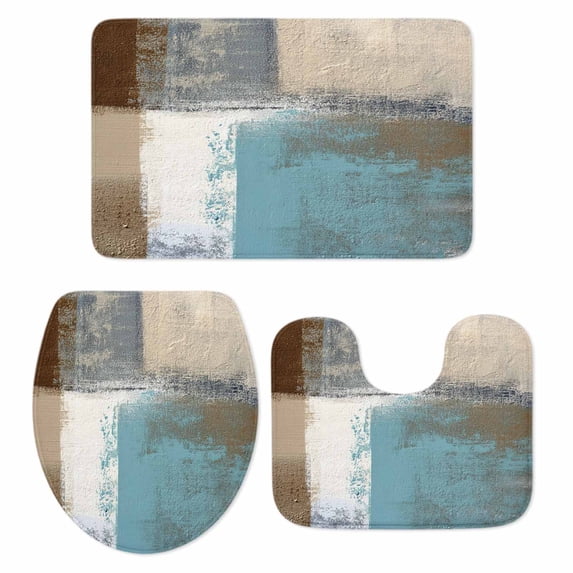 Modern Blue Bath Mat 3 Piece Bathroom Rug Set, Rustic Mottled Oil Painting Texture Non Slip Bath Rug Contour Mat and Toilet Lid Cover, Absorbent Shower Mats Soft Bath Rugs and Mats Sets