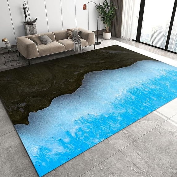 Modern Blue And Black Ink Oil Painting Area Rugs, Blue Sea Rug For Bedroom, Anti-Skid Machine Washable Floor Cover Carpet For Entryway Kitchen Kids Bedroom Nursery Living Room 4 x 5ft