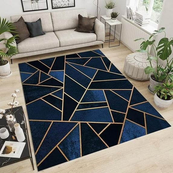 Modern Blue And Black Square Area Rug, Geometric Gold Line Texture Indoor Non-Slip Kids Rugs, Machine Washable Breathable Durable Carpet For Front Entrance Floor Decor 5 x 6ft