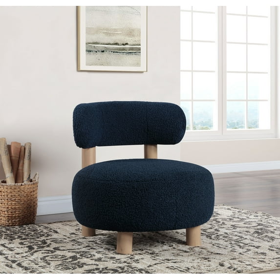 Modern 1pc Boucle Blue Fabric Upholstered Barrel Back Accent Chair Armchair Round Seat Slim Barrel Backrest