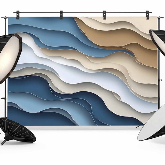 Modern Blue Brown Backdrop for Photoshoot, Photography Photo Studio Background Wall Backdrop, Coastal Beach Wave Geometric Back Drop Banner Panel for Portraits Wedding Live Streaming Decor 7x5Ft