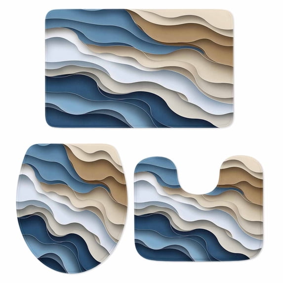 Modern Blue Brown Bath Mat 3 Piece Bathroom Rug Set, Coastal Beach Wave Geometric Non Slip Bath Rug Contour Mat and Toilet Lid Cover, Absorbent Shower Mats Soft Bath Rugs and Mats Sets