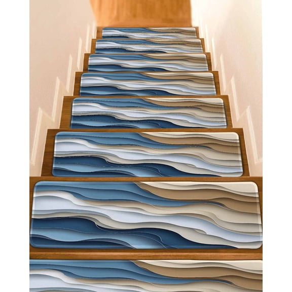 Modern Blue Brown Stair Treads for Wooden Steps Indoor Runner Rug Carpet, Coastal Beach Wave Geometric 15 Pieces Peel and Stick Staircase Step Treads Covers Washable Throw Door Mats, 30"x8"