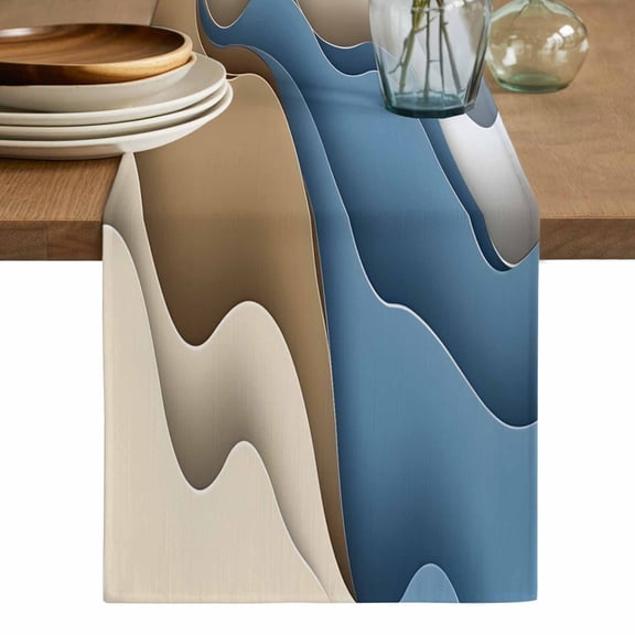 Modern Blue Brown Table Runner, Coastal Beach Wave Geometric Washable Cotton Linen Table Runners 36 Inches Long, Dresser Scarf Runner for Nightstand/End Tables/Round Tables 13''x36''