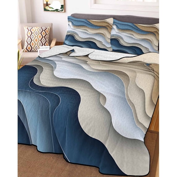 Modern Blue Brown Twin XL Size Down Alternative Comforter, Lightweight Comforter Quilt Bedding Set with Pillow Shams Coastal Beach Wave Geometric All Seasons Bed Comforter Duvet Insert 68"x98"