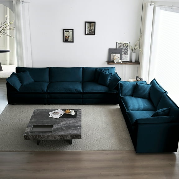 Modern Blue Chenille , 2+3 Seater Deep Seat Couch For Living Room, Fabric And Solid Wood Structure Room , Breathable Upholstery Base