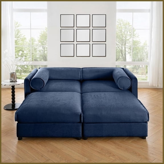 Modern Blue Chenille 2-Seater Loveseat with Storage Ottomans - Cylindrical Backrest for Living Room Comfort