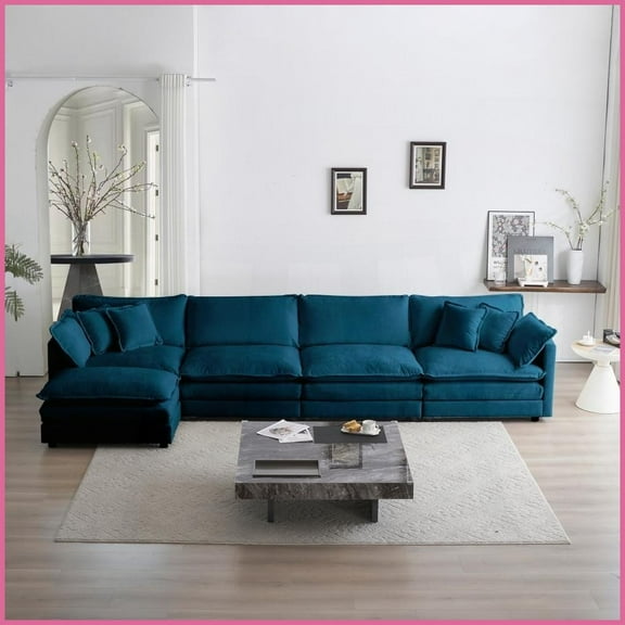 Modern Blue Chenille 5-Seater U-Shaped Modular Sectional Sofa with Ottoman for Living Room