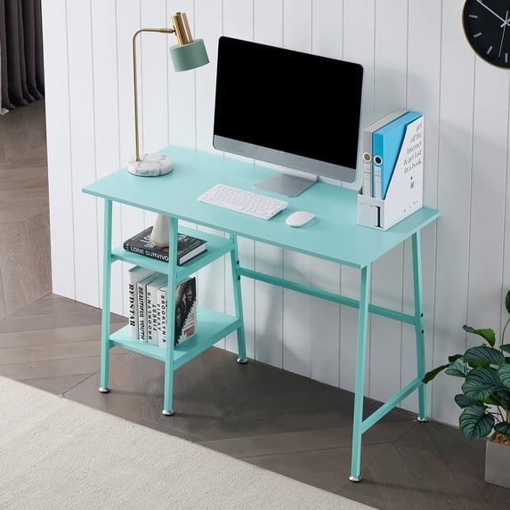 Computer Table Blue Modern Blue Computer Desk with 2-Tier Removable Storage Shelves ...