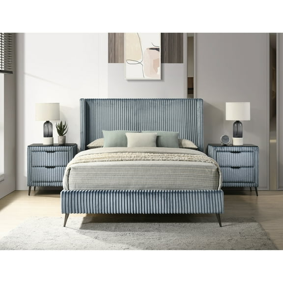 Modern Blue Corduroy Bedroom Furnishings With Queen Bed & 2 Practical Night Tables Size In Spacious Wooden Frame