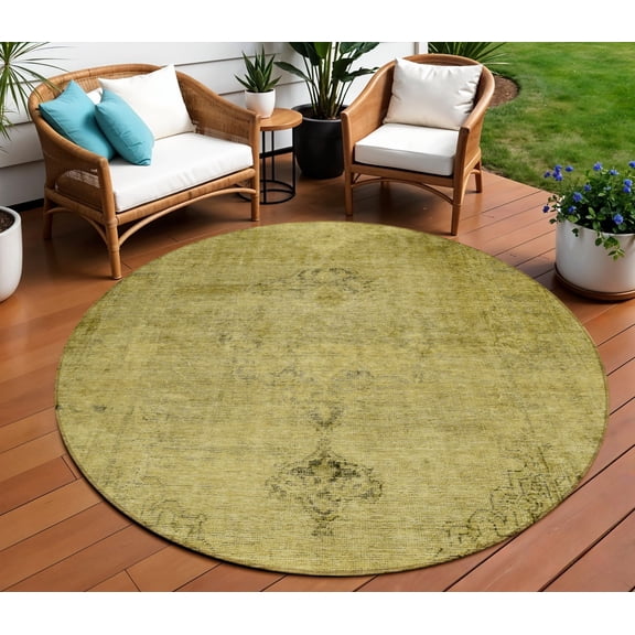 8' Gold Brown And Wheat Round Oriental Washable Indoor Outdoor Area Rug