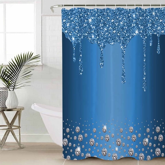 Modern Blue Extra Long Shower Curtain Set, Waterproof Shower Curtains for Bathroom, Abstract Diamond Luxury Gradient Washable Fabric Cloth Bath Curtain for Bathtub Decoration with Hooks 72x96 Inches