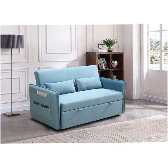 Modern Blue Fabric Convertible Sofa Bed with Adjustable Backrest and Side Pockets