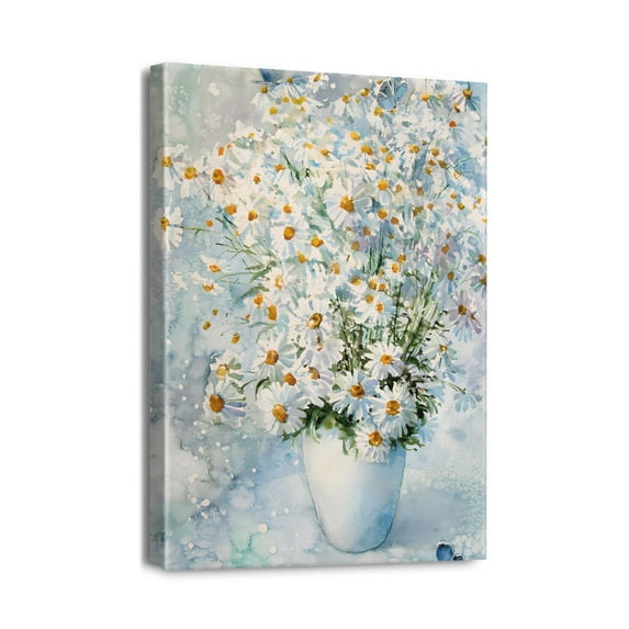 Modern Blue Floral Delight 12x16inch Framed Daisy Canvas Print, Ideal Painting Artwork for Bathroom Wall Decor and Bedroom