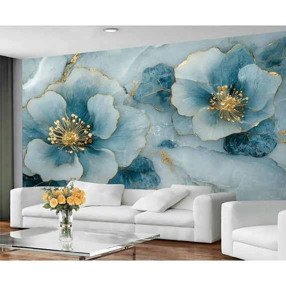 Modern Blue Flowers Custom Wallpaper Abstract Marble Wall Murals Living Room Bedroom Background Luxury Gold Foil Art 3D Wall Mural Home Decor 59"W x 39.4"H (Not Peel and Stick)
