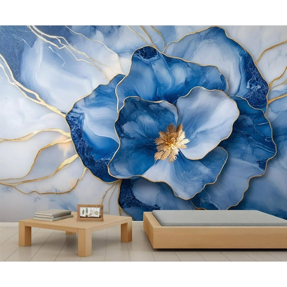 Modern Blue Flowers Custom Wallpaper Abstract White Marble Wall Murals Living Room Bedroom Background Luxury Gold Foil Art 3D Wall Mural Home Decor 98.4"W x 68.9"H (Not Peel and Stick)