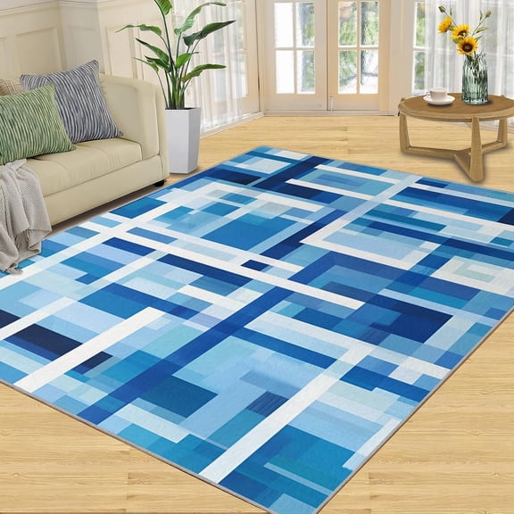 Modern Blue Geometric Area Rugs, Blue Abstract Carpet, Washable Non Slip Low Pile Soft Rug for Living Room Bedroom Dining Room Home Office Decor Mat 2x3ft