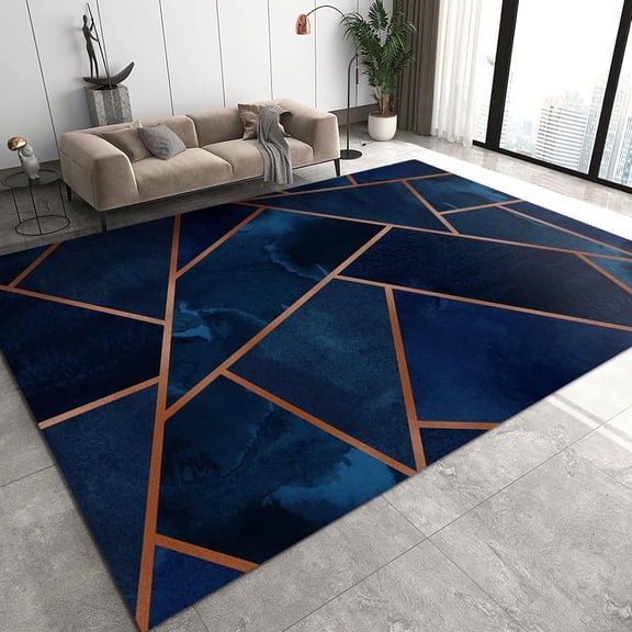 Modern Blue and Gold Geometric Stripes Area Rugs, Abstract European Light Luxury Irregular Pattern Art Home Decor Rug for Living Room Bedroom Dining Room Office 2x3ft