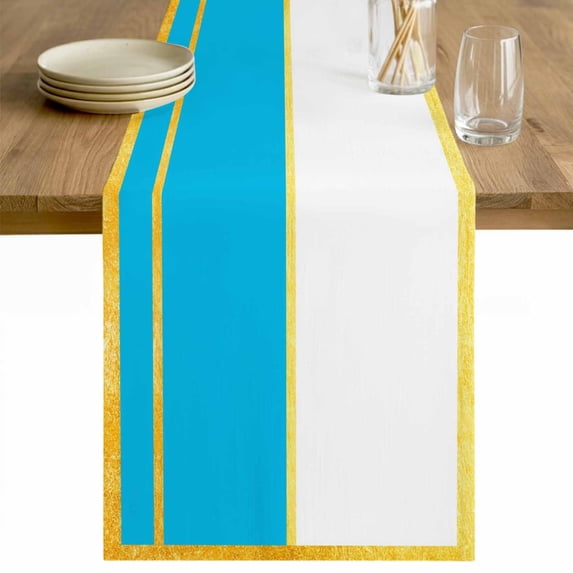 Modern Blue Gold Table Runner - 48 Inch Long Minimalist Geometric Yellow Striped Cotton and Linen Blended Dress Scarves Farmhouse Table Runner for Kitchen Dining, Coffee Table, 13" x 48"