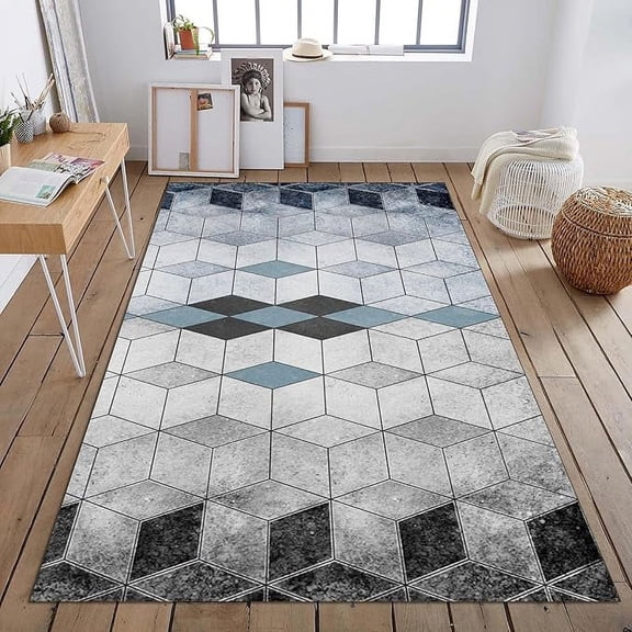 Modern Blue Gray Geometric Cube Area Rug For Living Room, Luxury Fade Resistant Floor Decoration Carpet, Durable Easy Clean Anti-Slip Rug For Nursery Bath Room Kitchen Office 5' x 6'